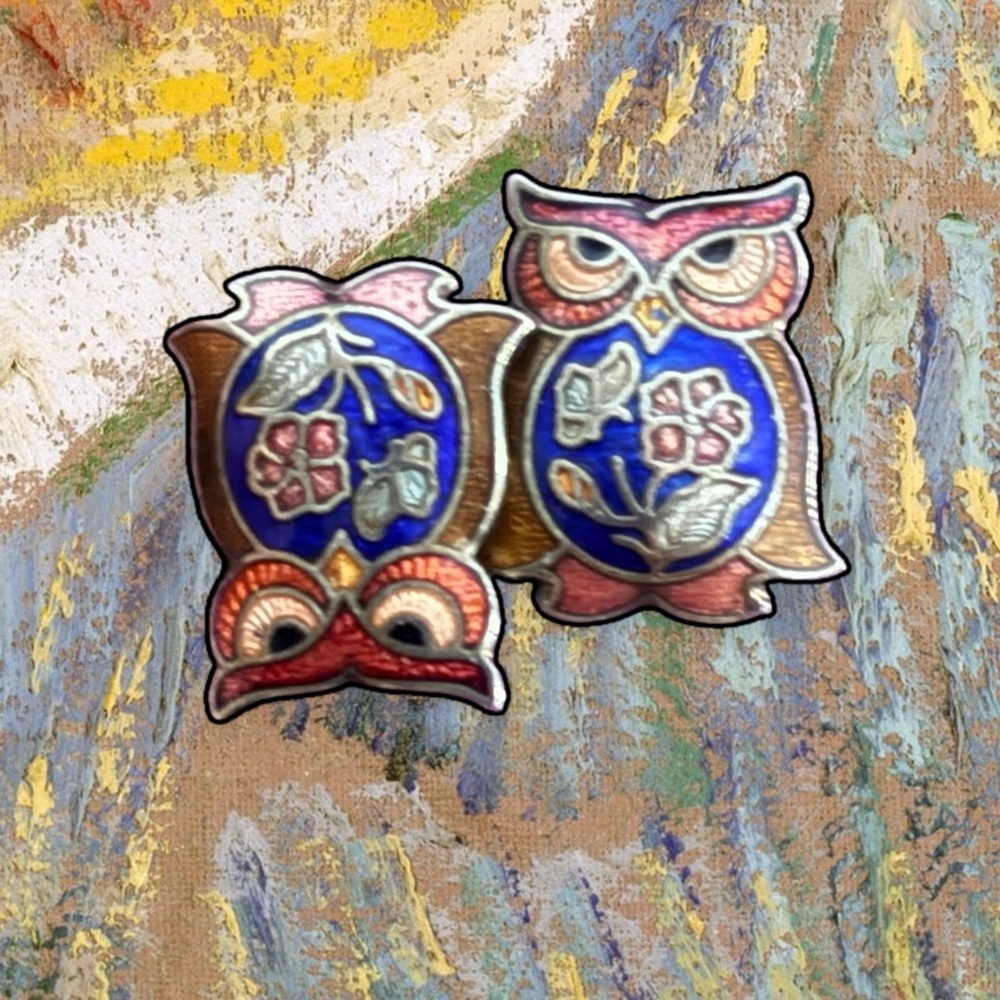 Vintage Cloisonné Owl Enamel Earrings